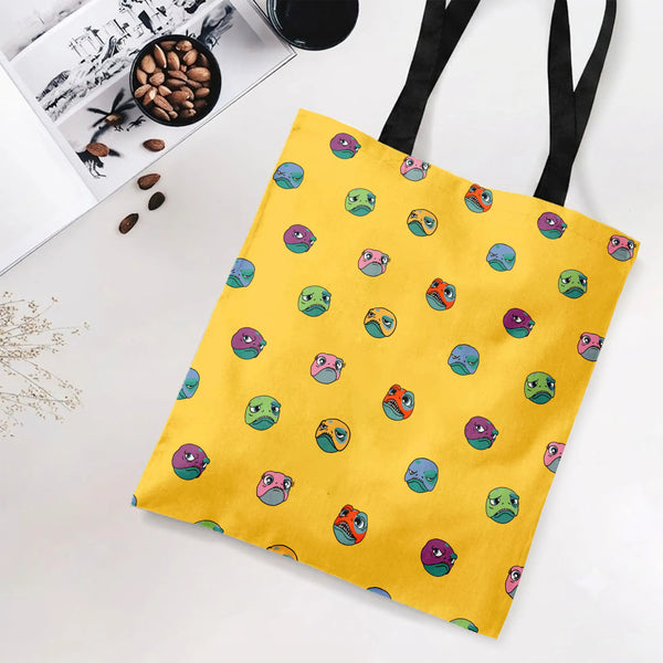 Grumpy Monster Faces Tote Bag | Colorful Cartoon Creature Emoji Pattern on Yellow | Premium Twill Fabric | Funny Gift for Mem