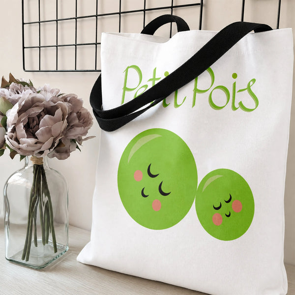 Petit Pois Tote Bag | Cute Kawaii Sleeping Peas Cartoon Art | Premium Twill Diamond-Grid Texture | Adorable Gift for Foodie &