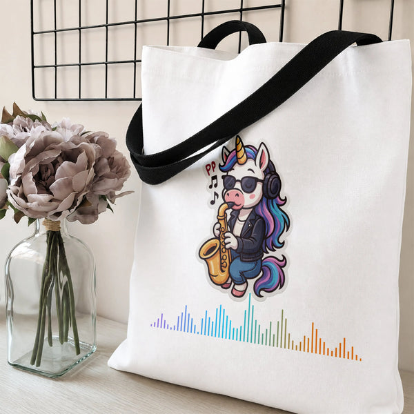 Unicorn Saxophone Tote Bag | Cool Jazz Unicorn with Headphones Cartoon Art | Premium Twill Diamond-Grid Texture | Fun Gift fo