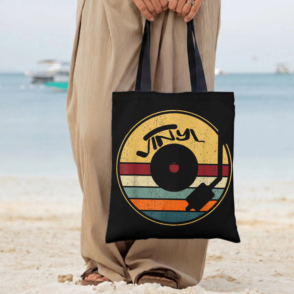 Vinyl Record Tote Bag | Retro Vinyl Record Player Art with Colorful Stripes | Premium Twill Durable Canvas | Gift for Vinyl C