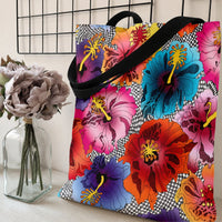 Hibiscus Flower Tote Bag | Vibrant Tropical Blooms on Checkered Pattern Art | Premium Twill Fabric with Diamond-Grid Texture | Aesthetic Gift for Flower Lover
