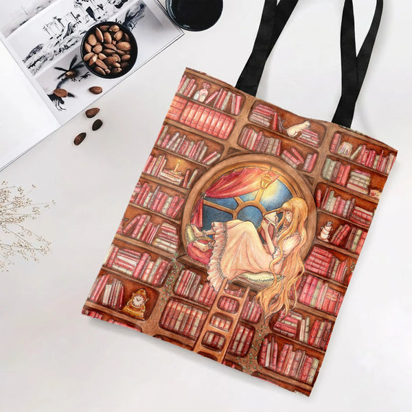 Book Lover Tote Bag | Whimsical Girl Reading in Library Watercolor Art | Premium Twill Diamond-Grid Texture | Gift for Reader