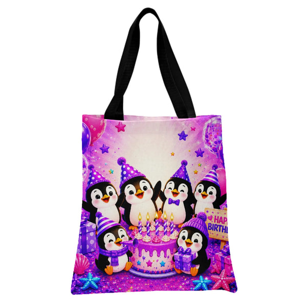 Penguin Birthday Party Tote Bag | Cute Cartoon Penguins with Cake and Balloons Art | Premium Twill Diamond-Grid Texture | Bir
