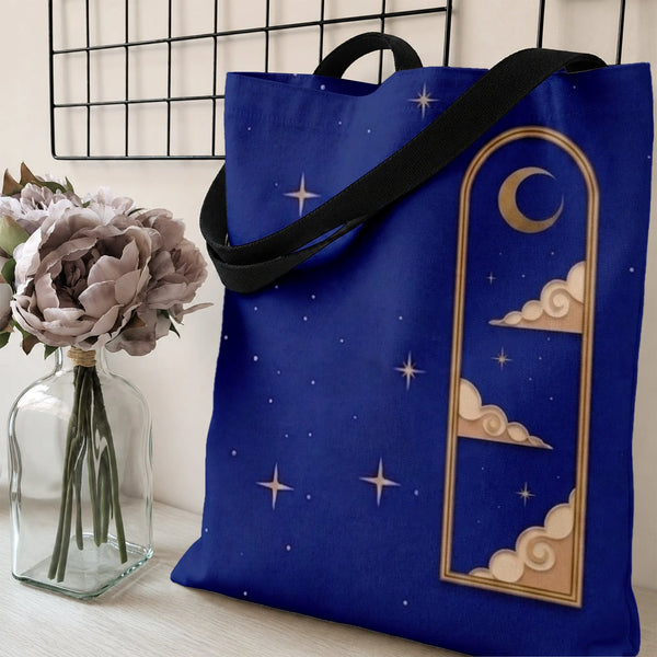Celestial Moon Tote Bag | Art Deco Night Sky with Crescent Moon and Stars | Premium Twill Diamond-Grid Fabric | Aesthetic Gif