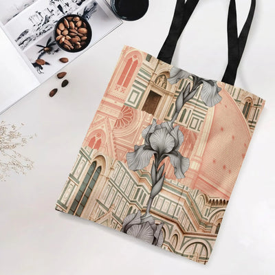 Florence Cathedral Iris Tote Bag | Italian Architecture with Botanical Line Art | Premium Twill Diamond-Grid Fabric | Aesthetic Gift for Italy Travel Lover