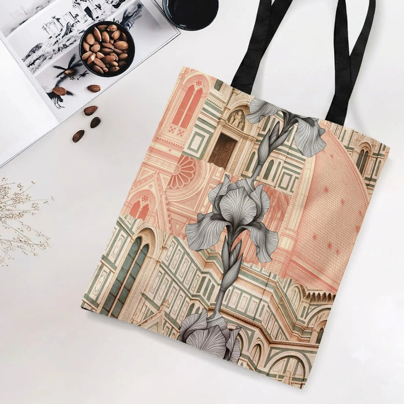 Florence Cathedral Iris Tote Bag | Italian Architecture with Botanical Line Art | Premium Twill Diamond-Grid Fabric | Aesthetic Gift for Italy Travel Lover