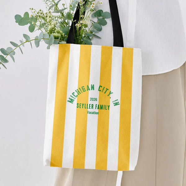 Michigan City Indiana Family Vacation Tote Bag | Yellow & White Cabana Stripe Beach Design | Premium Twill Fabric | Personali