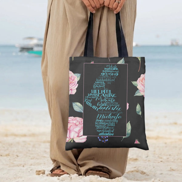 Midwife Word Cloud Tote Bag | Pregnant Mother Silhouette Typography with Pink Rose Floral Art | Premium Twill Fabric | Apprec