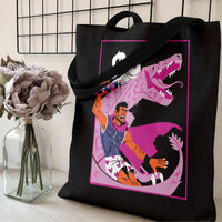 Warrior Riding Dinosaur Tote Bag | Fierce Pink T-Rex Action Cartoon Art | Premium Twill Diamond-Grid Texture | Unique Gift for Dinosaur & Comic Art Fans