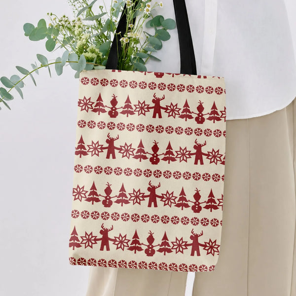 Christmas Sweater Pattern Tote Bag | Nordic Reindeer Snowman & Snowflake Folk Art | Premium Twill Diamond-Grid Texture | Fest