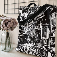 City Skyline Tote Bag | Black and White Linocut Cityscape Print | Premium Twill Fabric with Diamond Texture | Gift for Art Lover