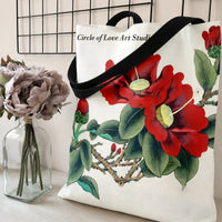Red Camellia Tote Bag | Traditional Chinese Watercolor Botanical Art | Premium Twill Diamond-Grid Texture | Aesthetic Gift for Flower Lovers