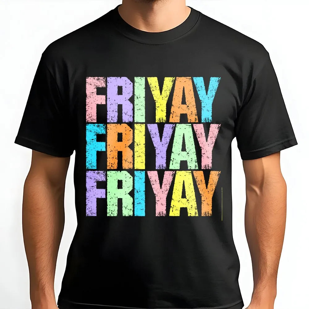 Happy Friyay T-Shirt | Retro Colorful Graphic Pullover | Soft Cotton-Polyester Blend | Funny Elementary Teacher Gift