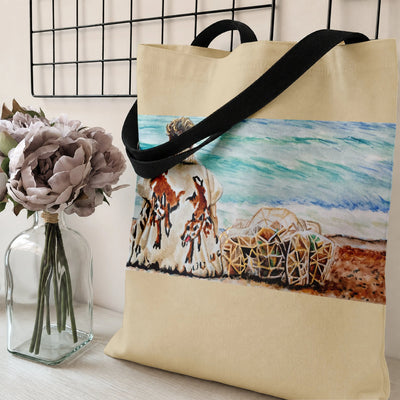 Seaside Woman Watercolor Tote Bag | Girl Gazing at Ocean with Lobster Traps Art | Premium Twill Diamond-Grid Fabric | Aesthetic Gift for Beach Lovers