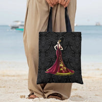 Elegant Woman in Red Gown Tote Bag | Glamorous Fashion Illustration on Damask Pattern | Premium Twill Diamond-Grid Fabric | Aesthetic Gift for Fashion Lover