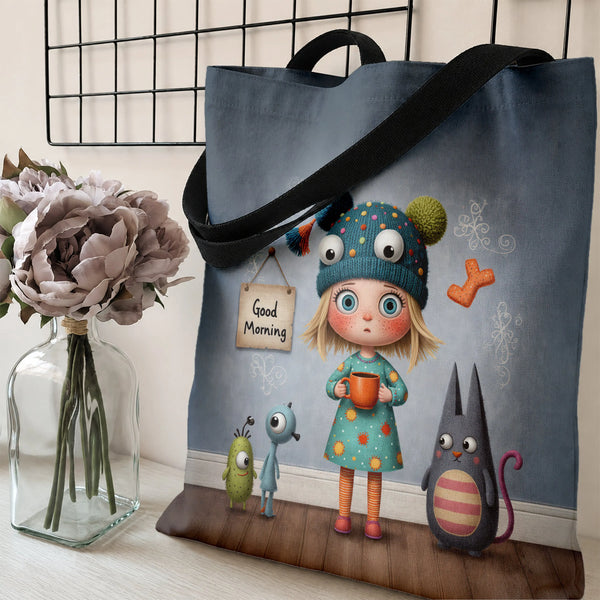Whimsical Girl and Monsters Tote Bag | Good Morning Coffee Quirky Storybook Illustration | Premium Twill Diamond-Grid Texture