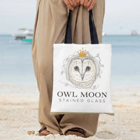 Owl Moon Tote Bag | Stained Glass Crowned Owl Illustration | Premium Composite Twill Fabric | Gift for Nature and Art Lovers