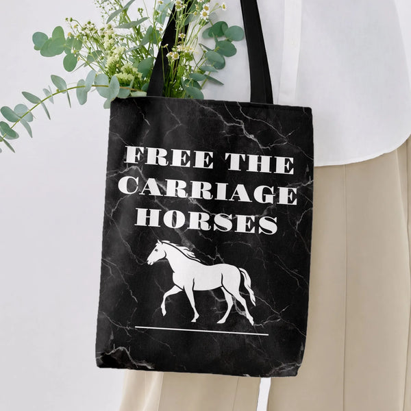 Free the Carriage Horses Tote Bag | Animal Rights Horse Silhouette Black Marble Design | Premium Twill Fabric | Gift for Hors