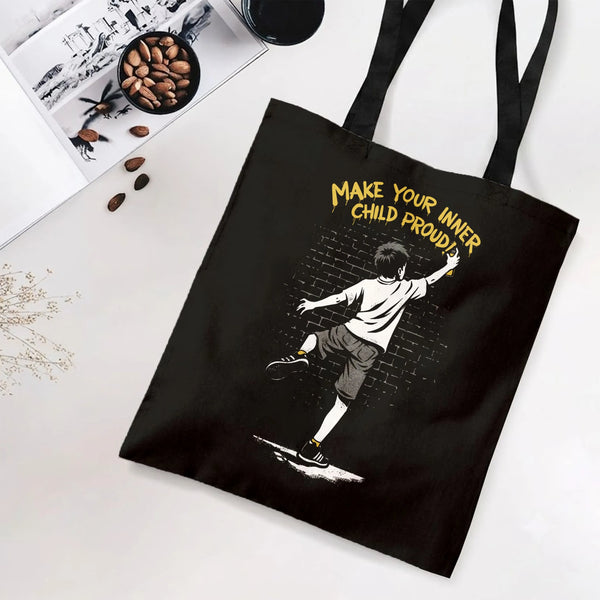 Inner Child Graffiti Tote Bag | Street Art Boy Spray Painting Brick Wall Design | Premium Twill Diamond-Grid Texture | Inspir