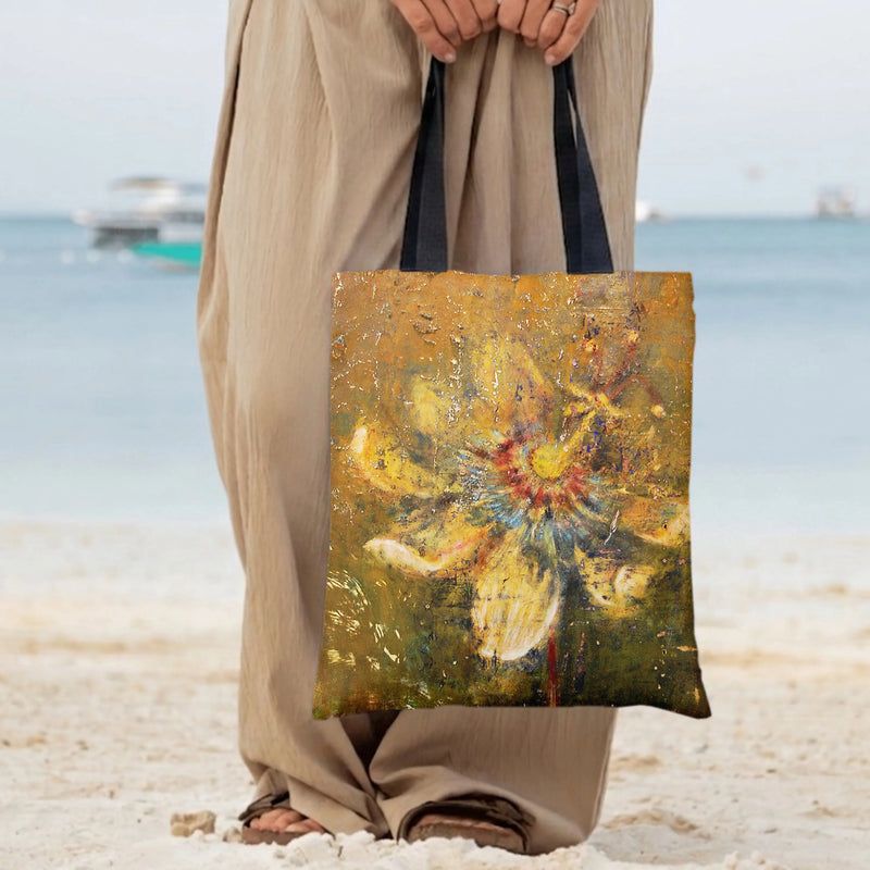 Abstract Flower Tote Bag | Golden Impressionist Floral Oil Painting Art | Premium Composite Twill Fabric | Aesthetic Gift for Art Lover
