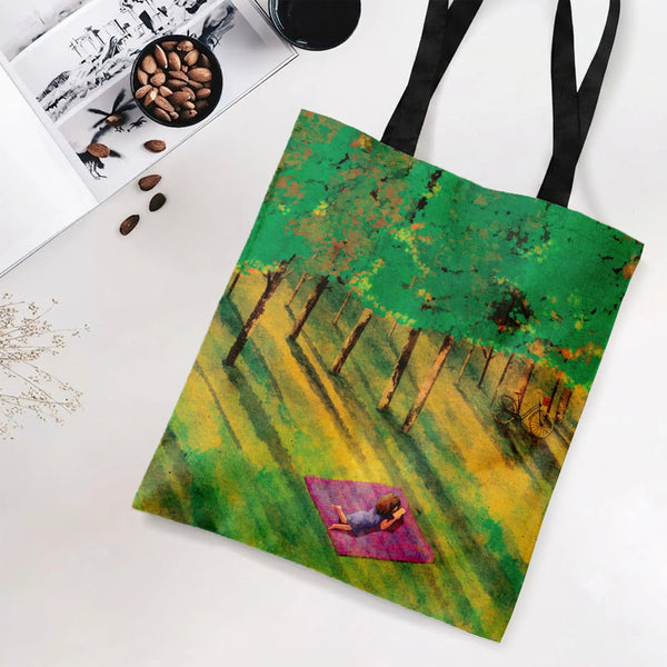 Girl Reading in Forest Tote Bag | Watercolor Park Picnic Blanket Aerial View Art | Premium Twill Diamond-Grid Texture | Aesth