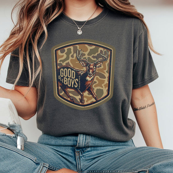 Good Ole Boys Outdoors T-Shirt Buck Deer Graphic With Camo Shield Southern Hunting T-Shirt For Country Men