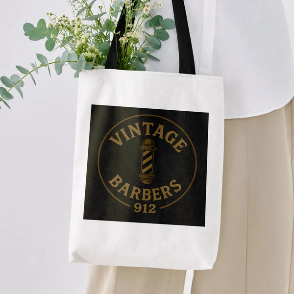 Vintage Barber Pole Tote Bag | Classic Barbershop Logo Gold Emblem Design | Premium Twill Diamond-Grid Texture | Gift for Bar
