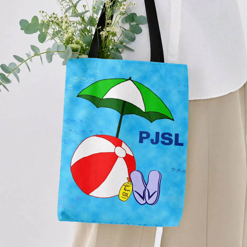 Beach Umbrella Tote Bag | Cartoon Beach Ball Flip Flops Summer Illustration | Premium Twill Diamond-Grid Texture | Fun Summer Gift for Beach Lovers
