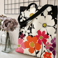 Bold Floral Tote Bag | Colorful Mod Flower Garden Art on Black | Premium Twill Fabric with Diamond-Grid Texture | Aesthetic Gift for Flower Lovers