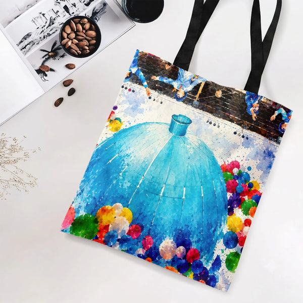 Circus Tent Tote Bag | Watercolor Big Top with Colorful Balloons Art | Premium Composite Twill Fabric | Unique Gift for Carni