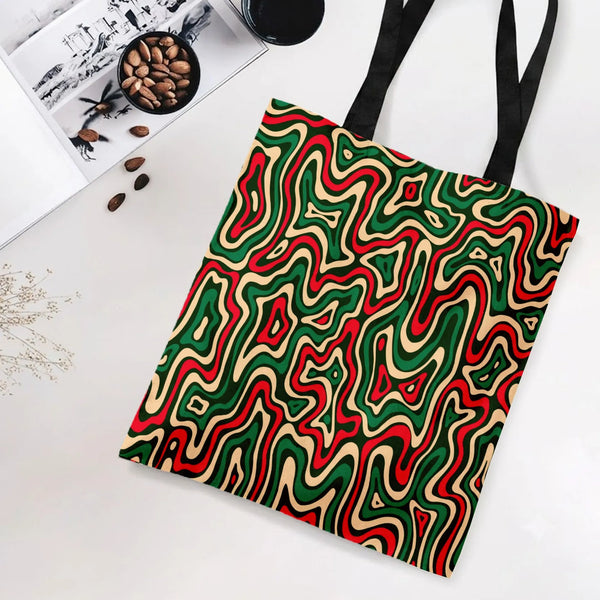Retro Swirl Tote Bag | Groovy Abstract Wavy Lines Pattern in Christmas Colors | Premium Twill Fabric | Trendy Holiday Gift fo