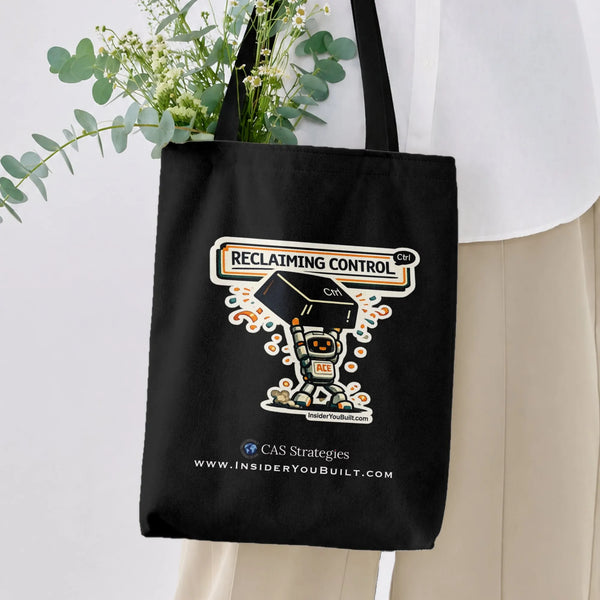 Reclaiming Control Robot Tote Bag | Cartoon Robot Holding Ctrl Keyboard Key Retro Art | Premium Twill Fabric | Gift for Coder