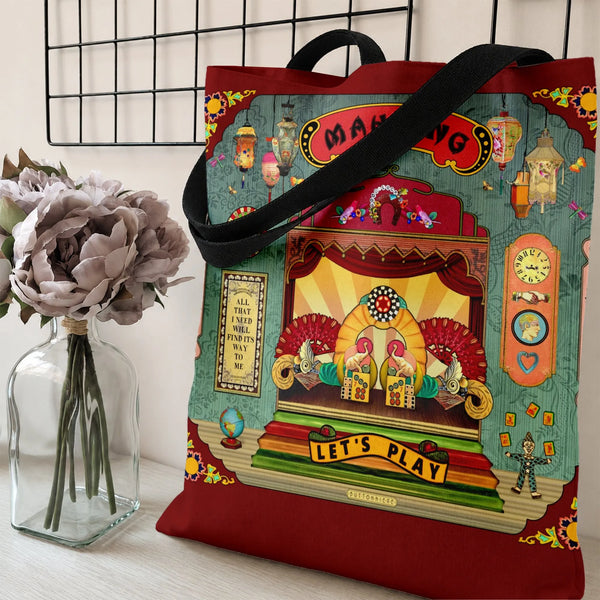 Mahjong Tote Bag | Vintage Theater Stage Let's Play Carnival Art | Premium Twill Diamond-Grid Texture | Gift for Mahjong Play