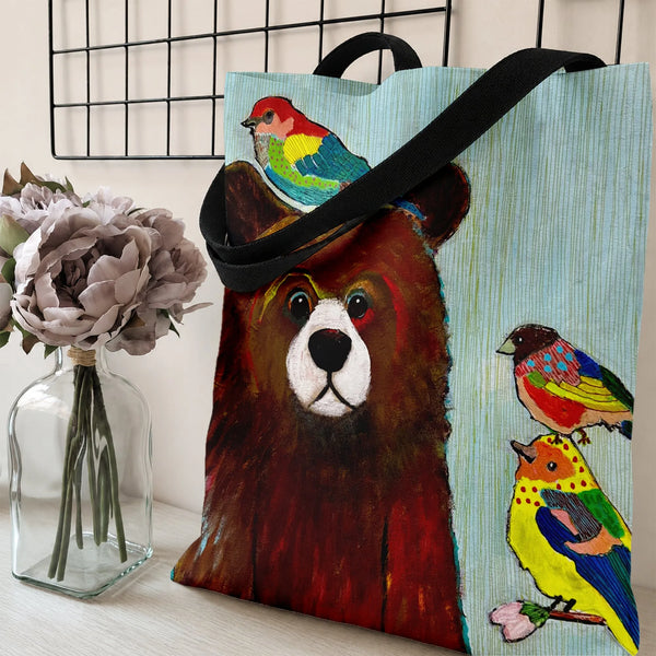 Bear and Birds Tote Bag | Whimsical Wildlife Art with Colorful Parrots | Premium Twill Fabric | Gift for Nature Lovers
