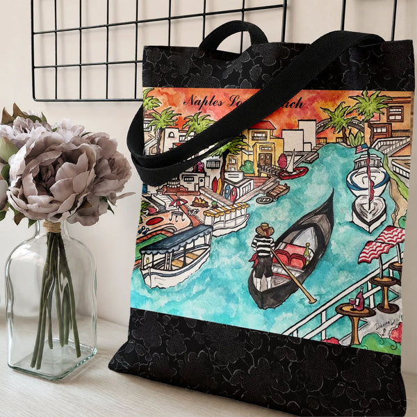 Naples Long Beach Tote Bag | Whimsical Watercolor Beach Town Illustration | Premium Composite Twill Fabric | Gift for Beach L