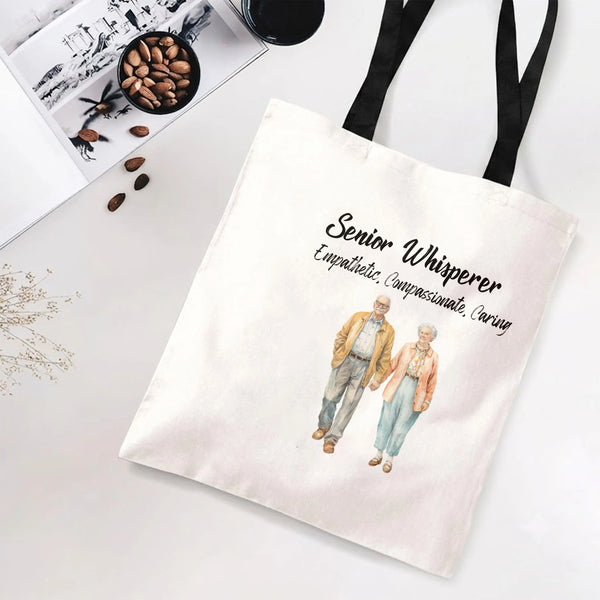 Senior Whisperer Tote Bag | Empathetic Compassionate Caring Elderly Couple Watercolor Art | Premium Twill Diamond-Grid Textur
