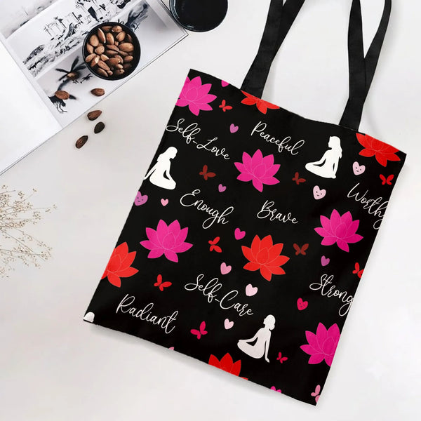Lotus Flower Self-Care Tote Bag | Affirmation Script with Meditation Silhouettes | Premium Twill Fabric | Gift for Yoga Lover