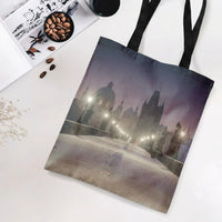 Prague Night Tote Bag | Misty Charles Bridge Watercolor Cityscape Art | Premium Twill Diamond-Grid Fabric | Aesthetic Gift for Travel Lovers