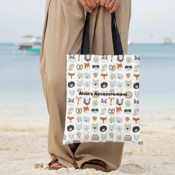 Cute Animal Faces Tote Bag | Woodland Creatures with Glasses Pattern | Premium Twill Diamond-Grid Texture | Adorable Gift for