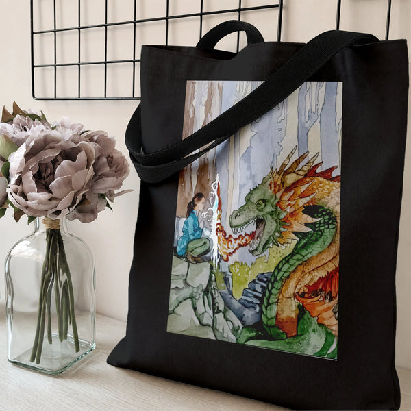 Dragon Tote Bag | Girl and Fire-Breathing Dragon Watercolor Fantasy Art | Premium Twill Structured Bag | Gift for Fantasy Boo