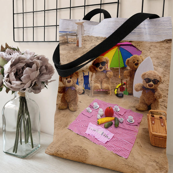 Teddy Bear Beach Picnic Tote Bag | Cute Bears Summer Seaside Scene Art | Premium Composite Twill Fabric | Adorable Gift for T