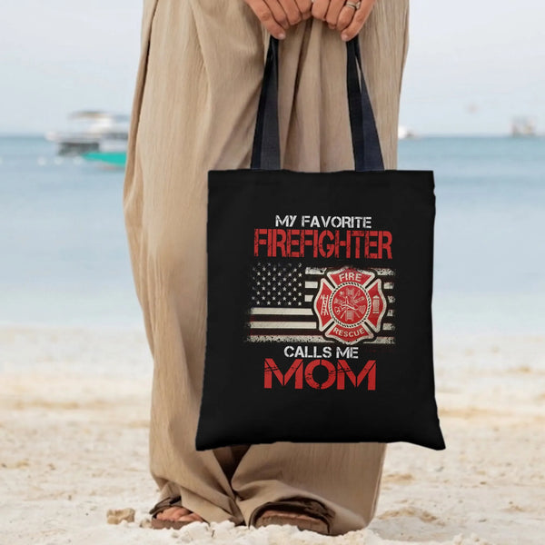 Firefighter Mom Tote Bag | My Favorite Firefighter Calls Me Mom Thin Red Line Flag Art | Premium Twill Diamond-Grid Texture |