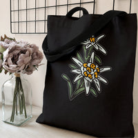 Edelweiss Flower Tote Bag | Bold Outline Alpine Wildflower Illustration | Premium Diamond-Grid Twill Fabric | Botanical Gift for Nature Lovers