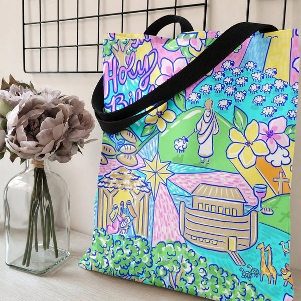 Holy Bible Tote Bag | Colorful Biblical Scenes Illustration with Noah's Ark & Good Shepherd | Premium Twill Fabric | Gift for
