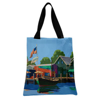 Coastal Harbor Tote Bag | Vintage Americana Seaside Village Art | Premium Composite Twill Fabric | Gift for Travel and Beach Lovers