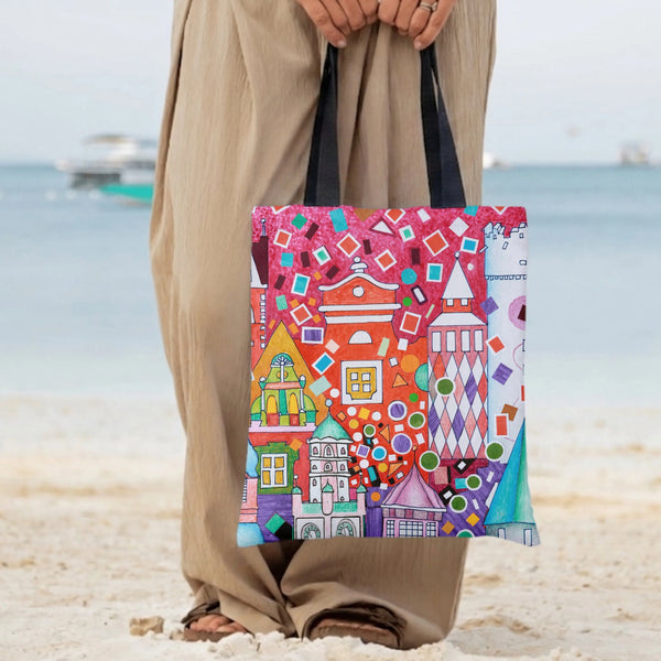 Colorful Cityscape Tote Bag | Whimsical European Village Crayon Art Illustration | Premium Twill Diamond-Grid Fabric | Unique