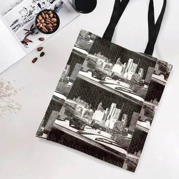 Urban Cityscape Tote Bag | Black and White Vintage City Skyline Collage Art | Premium Composite Twill Fabric | Aesthetic Gift