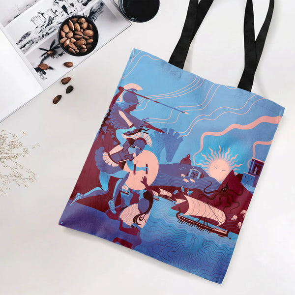 Greek Mythology Odyssey Tote Bag | Ancient Warrior & Ship Illustration Art | Premium Twill Diamond-Grid Texture | Gift for My