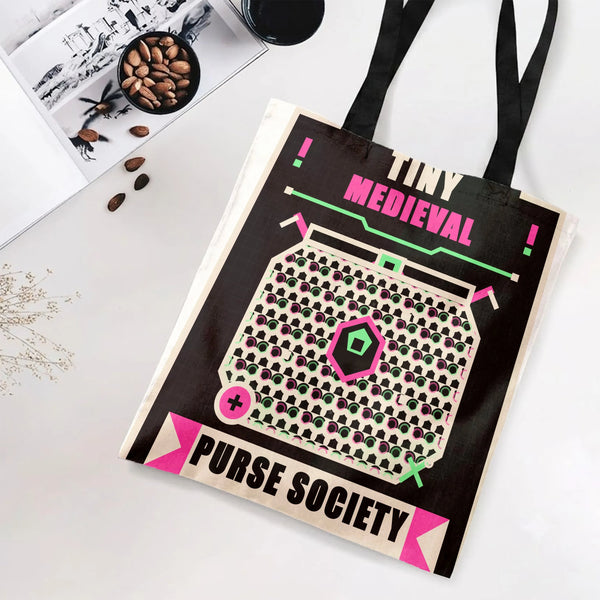 Tiny Medieval Purse Society Tote Bag | Retro Neon Geometric Poster Art Design | Premium Composite Twill Fabric | Unique Gift 