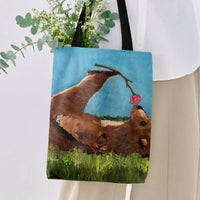 Bear with Flower Tote Bag | Playful Brown Bear Oil Painting Art | Premium Twill Diamond-Grid Texture | Cute Gift for Animal Lovers